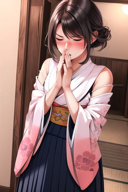 Highly detailed, High Quality, Masterpiece, beautiful, 1girl, FISneezing, closed eyes, blush, sneezing, >_<, <lora:FISneezing:1.2>, YunaX, kimono, hakama, <lora:Char_FFX_Yuna:0.7>