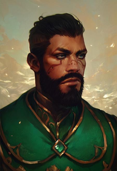 score_9, score_8_up, score_7_up, score_6_up, score_5_up, Kian_Alvane, beard, short black hair, high quality, detailed skin, high details, Bloodless King outfit, green outfit, upper body, painting