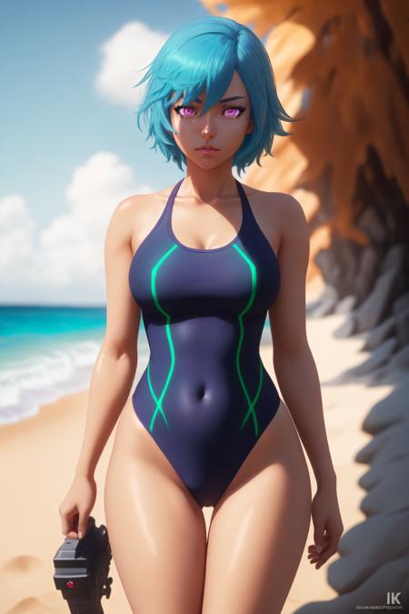 (masterpiece, realistic), 1girl, sandalphon, purple eyes, blue hair, sandalphonswimsuit, beach, 8k,  absurdres, subsurface scattering, unreal engine , volumetric lighting <lora:SandalphonV1:0.7>