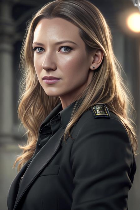 AnnaTorv,as a detective , modelshoot style, (extremely detailed CG unity 8k wallpaper), Intricate, High Detail, Sharp focus, dramatic,photorealistic painting art by midjourney and greg rutkowski ,  ((police station)), ((wearing a black suit)), ((paparazzi in the background)), (looking at viewer), (detailed pupils:1.2), dimly lit,  <lora:AnnaTorv:0.7>