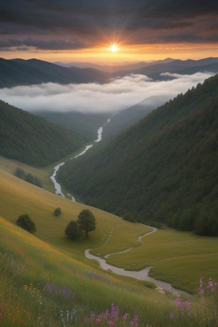 A landscape of tall grassy slope with colorful wildflowers collapsing into a cliff, someone is walking along the edge, The sun is just rising above the horizon, painting the sky in vivid hues and lighting the scenery, Epic clouds catch the sunlight and a storm seems to be building in the distance. in the distance steep mountains and a winding river in the valley below, light fog,