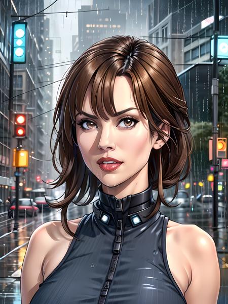 a photorealistic image of ( K1r4K3n3r , (brown hair), (brown eyes), lipstick lips, ), (rainy futuristic city street at midnight)++, masterpiece++, (extremely detailed)++, (beautiful face)++, (detailed face)++, (beautiful body), gorgeous, (sexy pose), 4k+, UHD