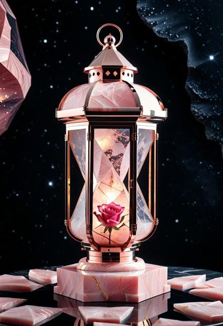 8k, Raw digital photo, rp_slgd, a lantern made of Liquid Marble crystals, soft pink marble with rose gold accents, an art deco, close up, dark nebula background, minimalist,