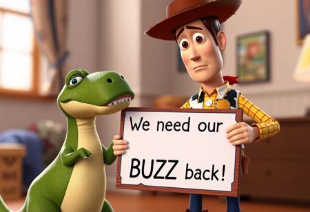 Toy Story characters Rex standing next to Crying and sad Woody holding sign with text "We need our BUZZ back", blurry room background, pixar style