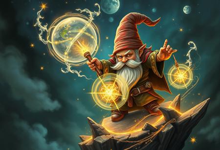 gnome absolute magician on the pinacle of its power weilding powerful orbs of magic attacking a whole planet by himself