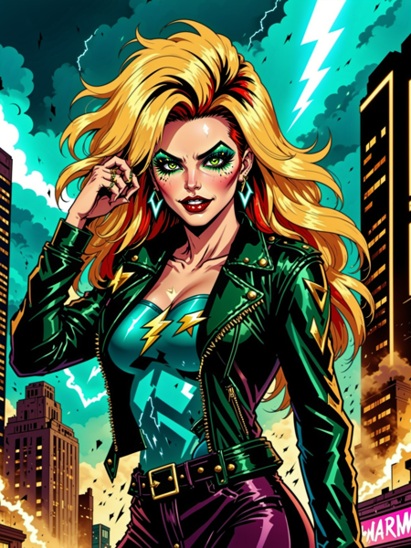 1boy, male focus, solo, looking at viewer, sexy smirk, makeup, thick lips, wink, one eye closed, long hair, big hair, green hair,leather jacket, sexy dress, drag queen style, lightning bolt symbol, thunderstorm, gold eyes, hands behind head, outdoors, city, sky, clouds