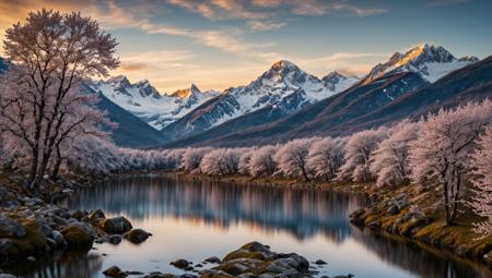 ((masterpiece:1.4,best quality)), cloud,  outdoors
(mountains), spring glade, scenery, sky, winter,
(early morning:1.4),morning red, high detail, abundant, 8k, high detail, wallpaper,