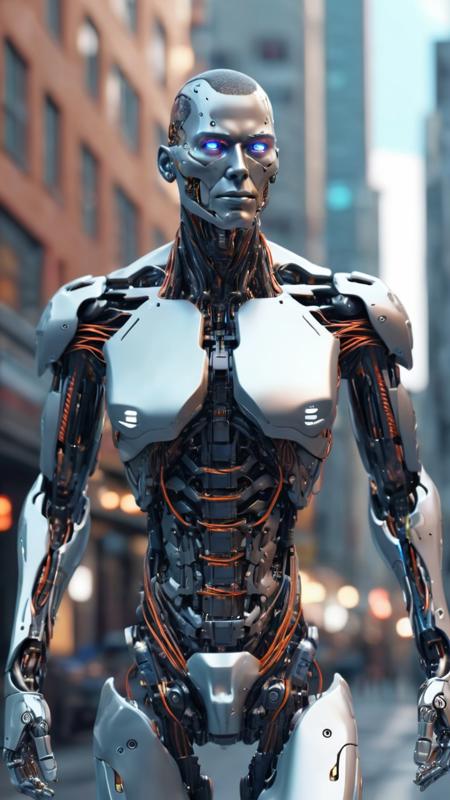 complex 3d render of ultra detailed cyborg walking in the city, robotic parts, 150 mm, rim light, vibrant details, luxurious cyberpunk, hyperrealistic, anatomical, facial muscles, cable electric wires, microchip, elegant, beautiful background, octane render, 8k