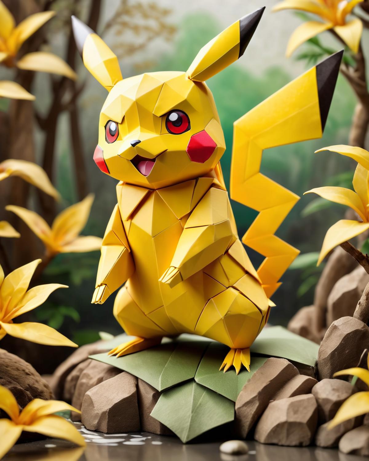 A Paper Pikachu Sitting on a Rock in a Forest