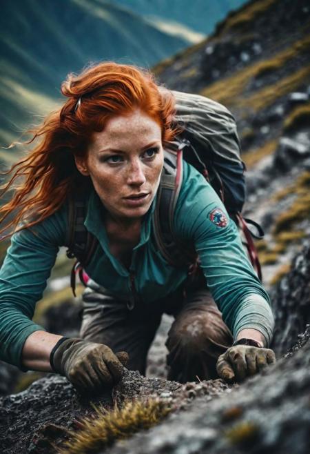 redhead woman climbing on mountains, closeup, intricate details, hyperdetailed, cinematic, dark shot, muted colors, film grainy, soothing tones, muted colors, technicolor, (muddy:0.6)