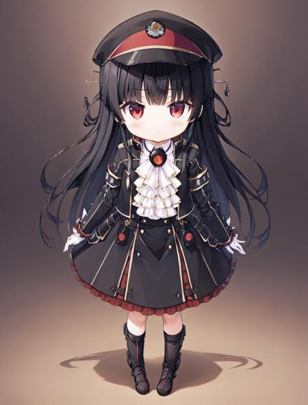 black hair,red eyes,bangs,long hair, 8620 \(uniform\),peaked cap,white gloves,black jacket,black skirt,black headwear,white ascot,armband,frills,black boots,