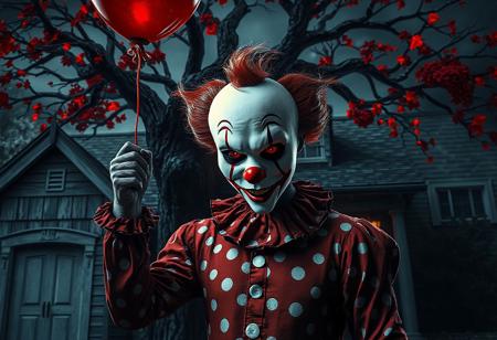 grimdark,dark fantasy,"Petren the Dark Clown stands center-frame, his white mask with crimson lips and nose glowing under dramatic stage lighting. The red-and-white polka dot shirt ripples slightly as he raises a crimson balloon, its string tangled with his shadow. Behind him, a twisted tree with glowing red leaves looms against a dark fantasy backdrop, while the house features a weathered gray roof and a pristine white door. Render in Unreal Engine 6 with splash ink textures, hyperrealistic skin tones, and sharp, intentional brush strokes. Capture the golden ratio composition, with Peten’s expressive, detailed eyes conveying both menace and whimsy. Include intricate mask patterns and a balanced foreground-background ratio, ensuring the clown’s figure dominates the scene while the balloon and tree add surreal depth."