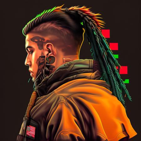 the digital painting of a man with a mohawk and a tattoo on his head holding a gun in his hand and looking at something, art by flonixsdviewv3