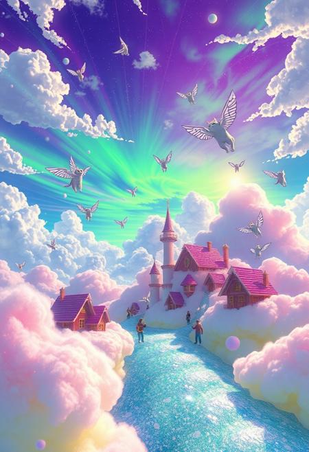 Imagine a fantasy anime world where a village of singing cats lives on fluffy cotton candy clouds, floating above a sparkling sea of lemonade. The sky is an outrageous mix of neon purple, bright green, and shimmering silver, and people with wings float gracefully in the air.
shining in the sunset sunlight like a disco ball. The village has whimsical cottages made of sparkling crystals and candy wrappers. Photograph this delightfully chaotic scene from a distance to demonstrate the utterly ridiculous charm and joy of this whimsical and magical landscape!