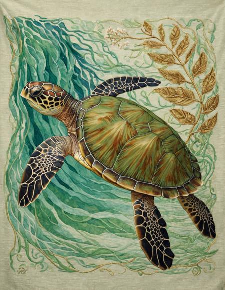 a square tapestry-style illustration of a single green sea turtle on a plain background, rendered entirely as woven fabric. Emphasize visible yarn and fiber-end textures—thick warp-and-weft weave, loose thread tips, and soft fabric folds. The turtle’s carapace is stylized with integrated botanical motifs—delicate vine and blossom patterns worked into mosaic-like panels of emerald, forest, and moss greens with subtle blue highlights. Its flippers and head show embroidered stitch details and shading from thread direction. Surrounding the turtle are gentle, curving currents suggested by layered green waves and occasional embroidered leaf flourishes. The overall palette is rich greens with teal accents and touches of warm gold. No frame, no background wall—just the tapestry surface itself.
