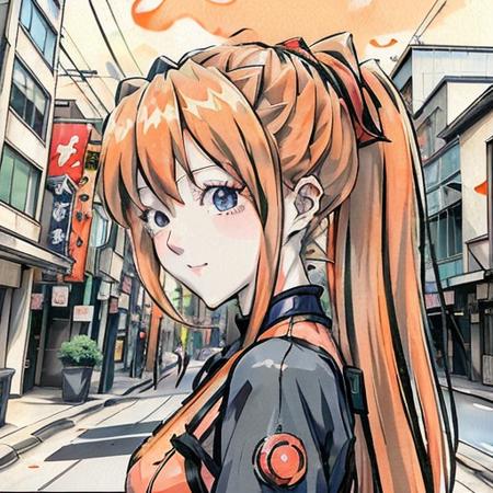 Asuka, (long orange hair:),(double ponytail),(hair ornament:1.1),(masterpiece:1.3), (best quality:1.3),(anime style:1.5), (inkpaint:1.2),techwear,beautiful lighting, Tokyo street,blue sky,  <lora:Moxin_10:0.5> <lora:Asuka:1>