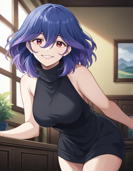 vermeil, red eyes, hair between eyes, blue hair, purple hair, multicolored hair, medium hair, sweater, bare shoulders, sleeveless, turtleneck, black sweater,