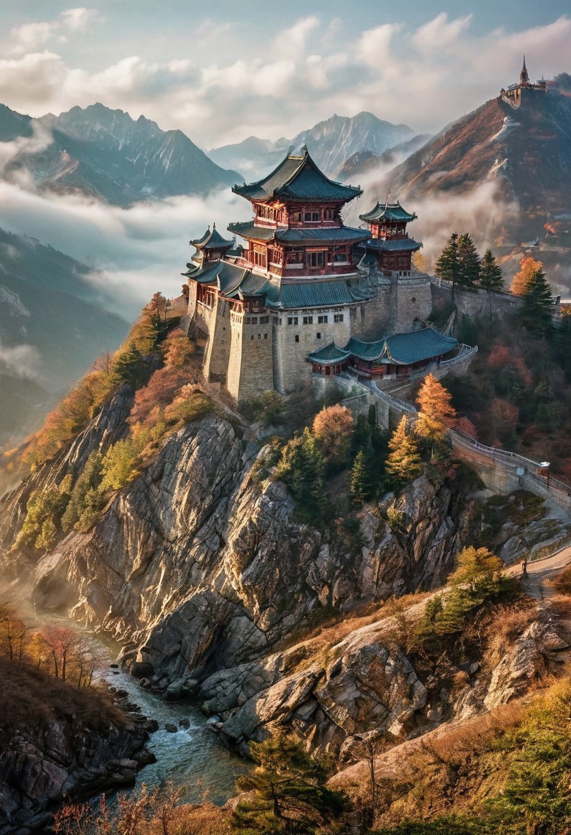 their peaks veiled in mist. mixed media, surrealism, Korea, great lighting, A surreal landscape highly detailed . extremely high-resolution details,  appears trapped in an optical illusion of reflections and refractions colorful , Korean castles built on mountains, professional photography, natural lighting, volumetric lighting maximalist. intricately detailed, complex, elegant, expansive, fantastical, film photography style,  medium grain
