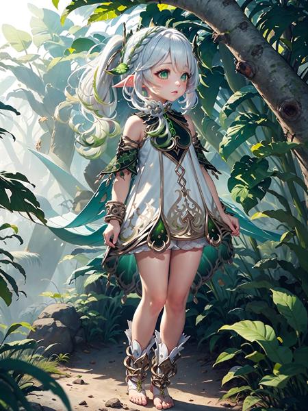 detailed illustration, kusanali,kid, white hair,white dress, green eyes,hair ornament, blush, full body, scenery, jungle <lora:nahida14:1>