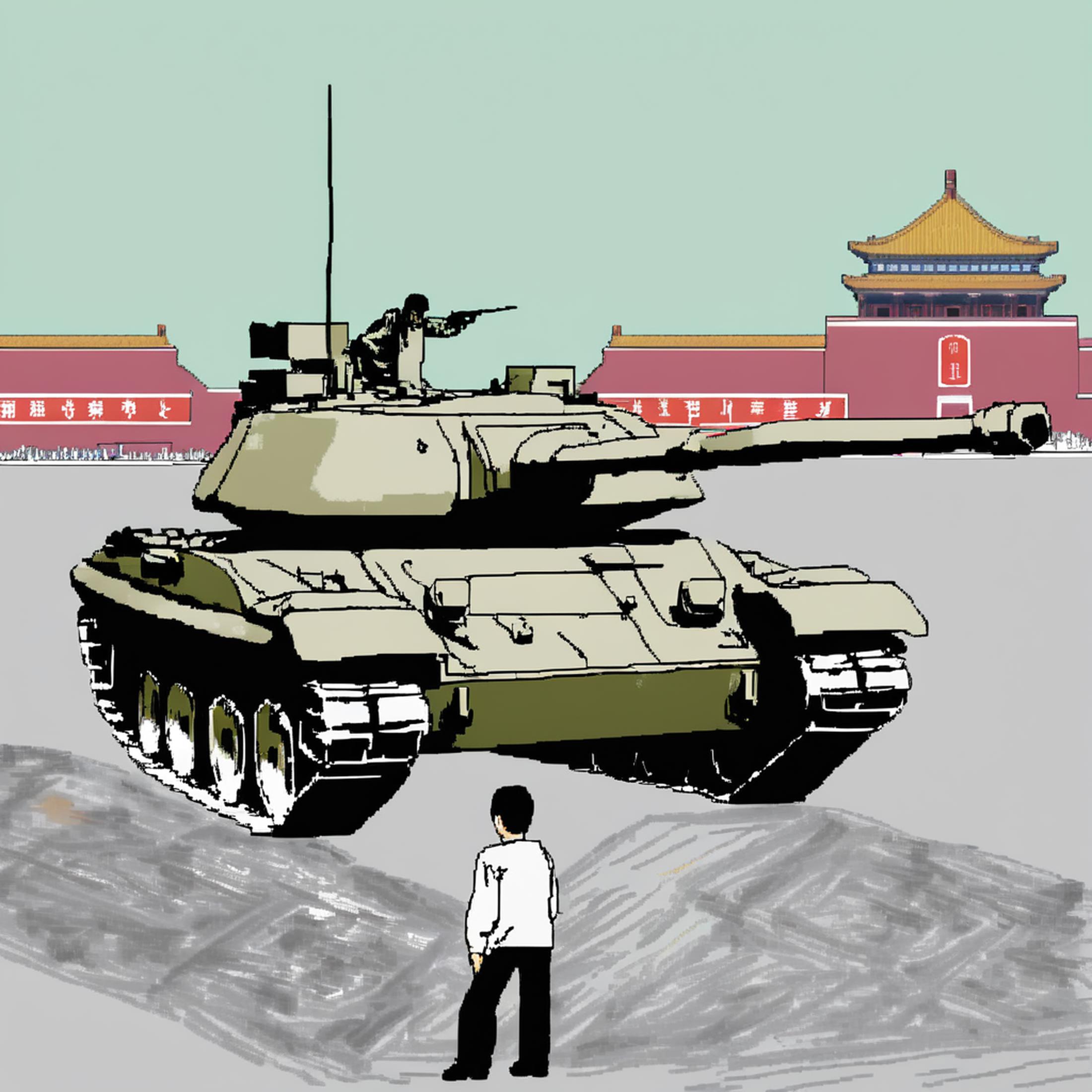 A man stands in front of a large tank in front of a building.