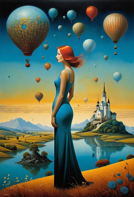 gorgeous 40-year-old lady in surreal fantastic landscape by Esao Andrews, Nicholas Hilliard, Bill Carman, Fabio Hurtado, Angelina Wrona, John William Godward, Kuzma Petrov-Vodkin, beautiful 40-year-old lady in surreal fantastic landscape by Max Ernst, Salvador Dali, Rene Magritte, Paul Delvaux, Andreas Lie, Catherine Hyde, Michael Cheval, Benjamin Lacombe, polished, glossy, smooth, clear, crisp, detailed, well-defined, ultra quality, high definition, HDR, deep colors, intense colors, vivid colors, contrasting colors, high contrast, sharp focus