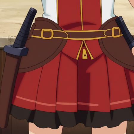 score_9, source_anime, Emma_Default, hair ribbon, hairclip, collar, bare shoulders, sleeveless shirt, zipper, fingerless gloves, sheath, sheathed, brown belt, pleated skirt, socks, boots, silver badge,  red dress, long sleeves, pendant, collarbone, cleavage, 