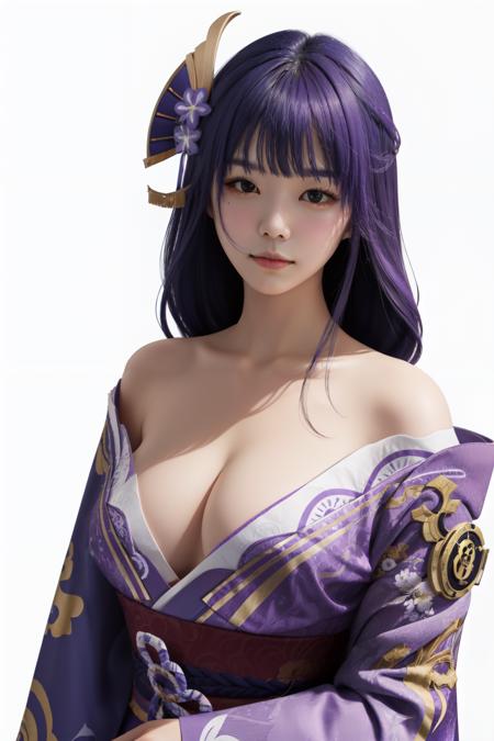 <lora:raiden_shogun:1> raiden shogun, simple background, looking at viewer, long hair, purple hair, ribbon, mole, closed mouth, japanese clothes, hair ornament, kimono, white background, solo, purple eyes, cleavage, purple kimono, mole under eye, 1girl, upper body,large breasts, mature female