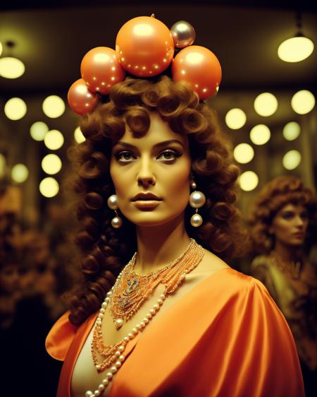 a woman with a orange on her head , 1girl, solo, looking at viewer, brown hair, jewelry, upper body, necklace, makeup, curly hair, realistic, pearl necklace