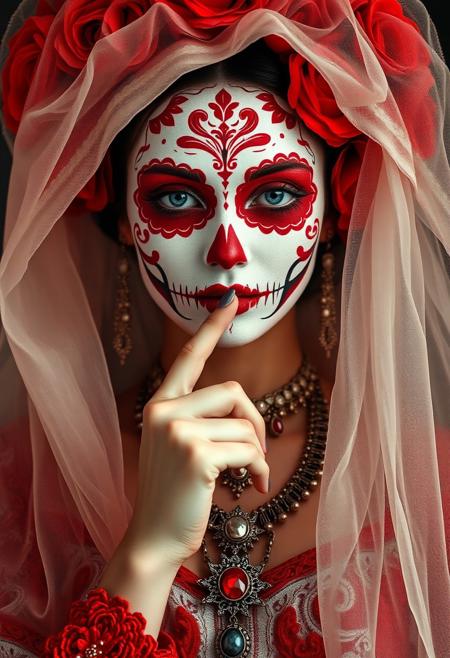 A solemn beauty stands before us, adorned with vibrant red and white makeup designs forming intricate Dia de los Muertos skull patterns on her cheeks. Her elaborate headdress and veil swirl around her, as if infused with the whispers of the departed. A finger pressed to her lips, she embodies the reverence of remembrance. Ornate jewelry adorns her neck and wrists, complementing the photorealistic depiction of her porcelain-skinned face, where Delftware-inspired skull designs seem to shift and shimmer in the soft light. The full-body shot presents a striking tableau of devotion and mystery.