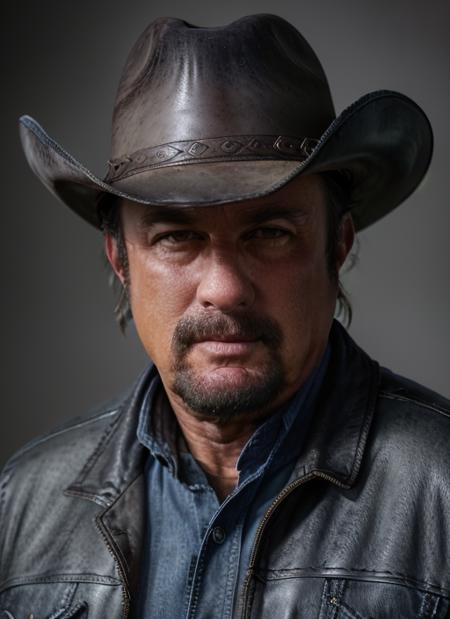 portrait of ss1,  man in "Stetson hat, denim shirt, leather vest, bandana, cowboy boots" epic (photo, studio lighting, hard light, sony a7, 50 mm, matte skin, pores, colors, hyperdetailed, hyperrealistic),  <lora:StevenSeagal:1>