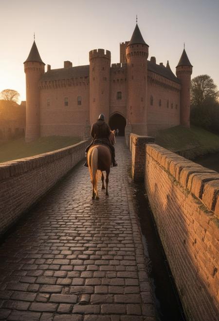 medieval brick castle viewed from a brick bridge at the base of the castle, horse with horseman, sunrise lighting