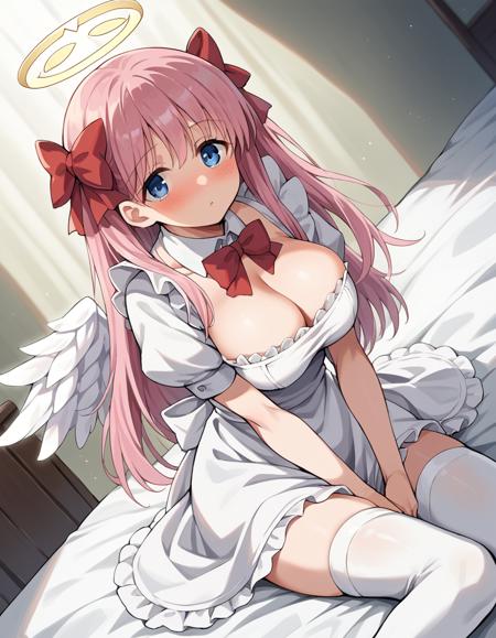 nodoka haramura, blue eyes, hair bow, long hair, pink hair, bow, large breasts, blue skirt, kiyosumi school uniform, pleated skirt, school uniform, serafuku, skirt, angel, white dress, cleavage, dress, halo, thighhighs, white thighhighs, wings, maid headress, ribbon, bow tie, white bow tie, red maid headress, red ribbon,