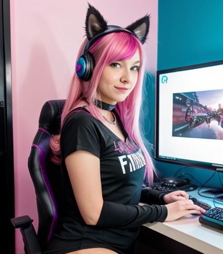 RAW photo, full body, medium shot, photo of woman, twitch streamer, in gamer chair, wearing cosplay, choker necklace, high...