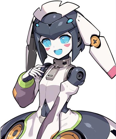 dia (wolrd flipper), robot girl, humanoid robot, android, multicolored skin, colored sclera, blue sclera, blue eyes, colored tongue, blue tongue,  blush sticker, headgear, joints, robot joints, white dress, detached sleeves, puffy sleeves, flat chest, zipper pull tab, covered navel, mechanical skirt,translucent