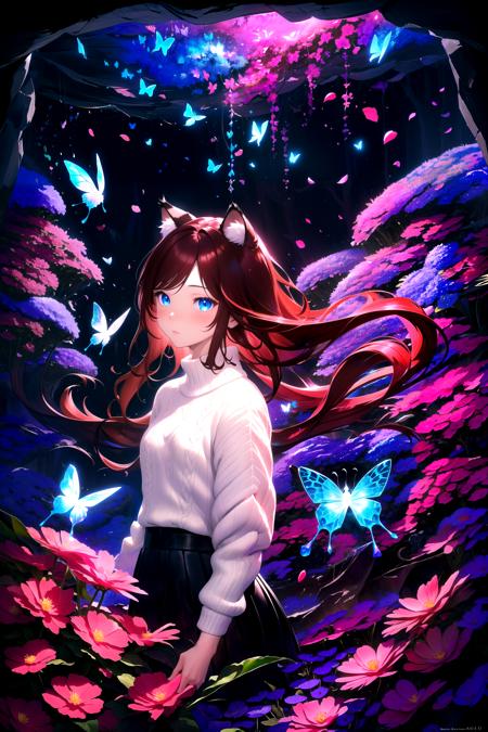 masterpiece, best quality, highres, 1girl, solo, abstract,
BREAK
dark background, depth of field, rim lighting, flowers, petals,
crystals, cave, butterfly, vegetation, aura, magic,
BREAK
raifu, dark red hair, blue eyes, straight hair, cat ears, blush,
(medium breasts:0.8), mature female, white sweater,