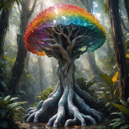 a creature made of marble tree and glass, livingin in it's habitat deep in the jungle. it shimmers and shines with all the colors of the most refractive rainbows