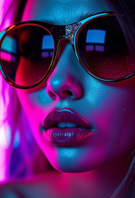 (Soft Lighting Photography by Mimoza Veliu and Mario Giacomelli:1.2),NSFW,Neon-lit close-up, A hyper-realistic close-up of a beauty supermodel sexy girl face, big lips, bathed in neon light with glittering particles on her skin, sunglasses with glitter textures patterns, fashion magazine style, beautiful background, Use soft colors and a shallow depth of field, sexy