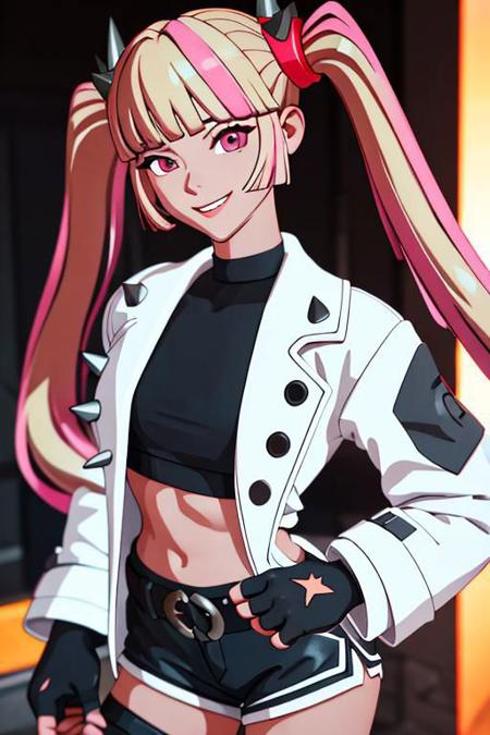 1girl, long hair, blonde hair, twintails, solo, jacket, bangs, spikes, looking at viewer, multicolored hair, pink hair, streaked hair, gloves, blunt bangs, fingerless gloves, black gloves, pink eyes, white jacket, crop top, midriff, smile, upper body, open clothes, belt, black shirt, shirt, breasts, navel, shorts, black shorts, open mouth, closed mouth, hair ornament, blurry, open jacket, thighhighs, thigh strap, medium breasts, horns, v, spiked bracelet, weapon, cowboy shot, short shorts