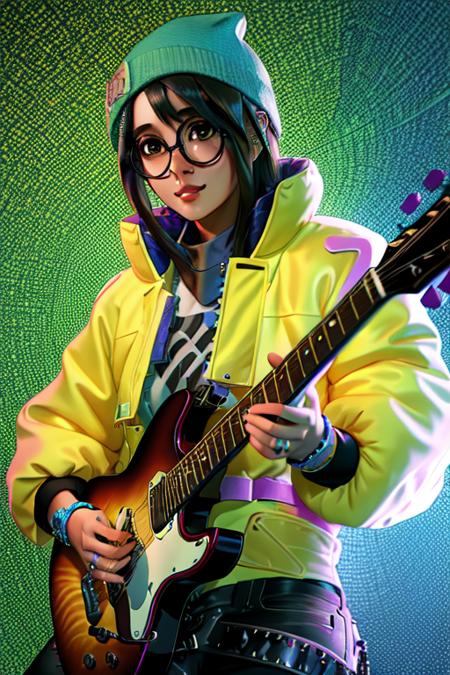 A realistic portrait of a kljy playing a guitar, yellow jacket, surrounded by swirling, colorful music notes in the background, glasses,  in the art style of artists called "Esao Andrews", "Stanley Mouse", and "Dan Mumford