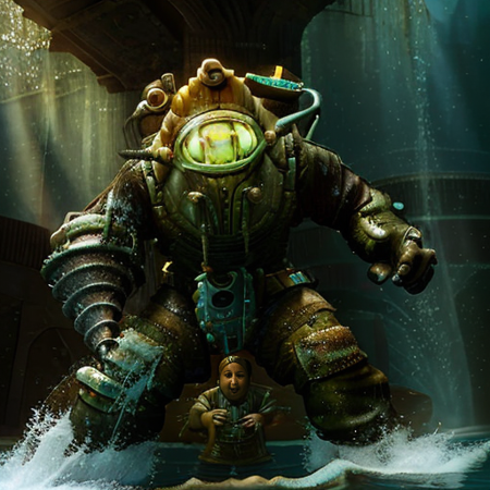 a bigdaddy inside the water close of a deep ruins, under the sea,(1gen) ,deep water background with ruins,full-length photo, 70mm lens, symmetrical, posing, sharp, textured skin, realistic,intricated detailed ,(perfect fingers:1.2),  photographed by a Nikon Z7 II Camera,8k uhd,     <lora:Bigdaddy:1>