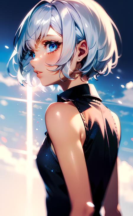 1girl, close up, shoulder focus, from side, short hair, silver hair, blue eyes, black dress, collared dress, sleeveless dress, bare shoulders, bare arms, blue sky, sunlight