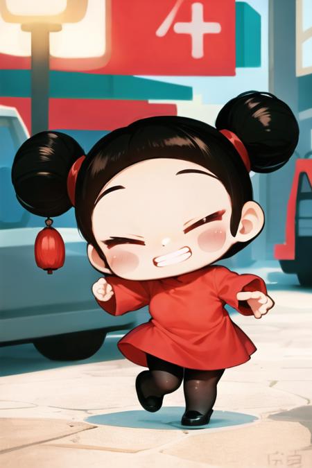 chibi, pucca, double bun, red dress, chinese clothes, black pantyhose,closed eyes, smile, clenched teeth, city <lora:pucca-000003:1>