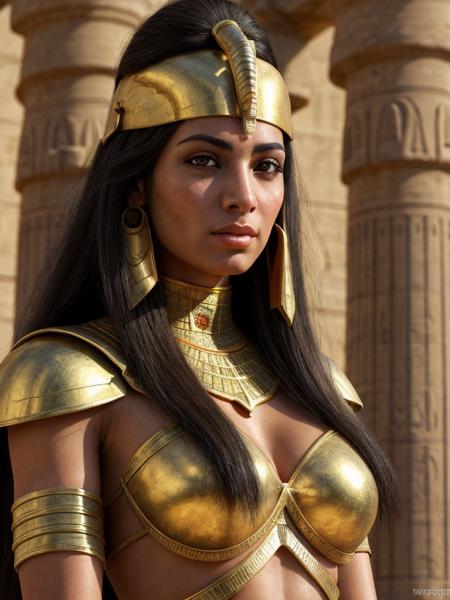 An Egyptian god warrior woman in a delightful afternoon. This portrait is the best representation of female beauty.  Extremely realistic textures and warm colours give the final touch. Sharp focus and realistic shadows add to the scene.