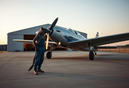 An anthro hyena mechanic wearing blue overalls is inspecting a biplane on the runway in front of a hangar in a private airport. The biplane is old and its paint is flaking, revealing silver gray surface underneath. It is late evening and the sky is clear. The scene has an atmospheric cinematic look with vibrant colors and contrasting shadows and light.