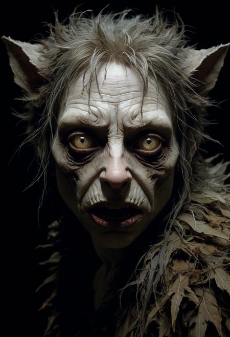 Horror-themed famous artwork by (wendy froud:1.3), (dramatic scene:1.3), (fractal art:0.6), dynamic angle,  
an irregular female  with hairy fur skin, looking Fearful, Wide-open eyes, a furrowed brow, and a slightly open mouth. into the camera  <lora:add-detail-xl:3> . Eerie, unsettling, dark, spooky, suspenseful, grim, highly detailed