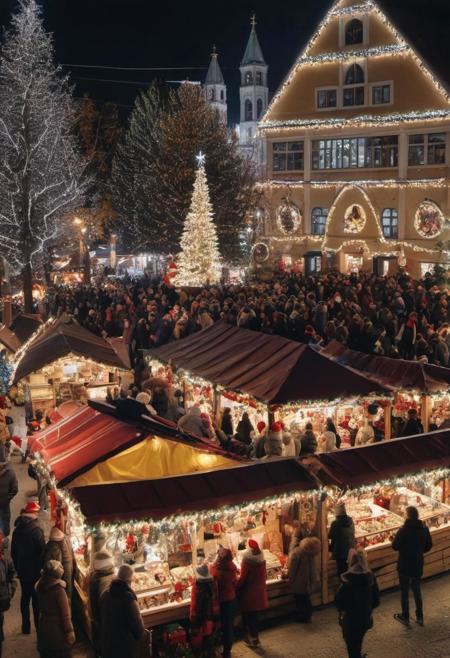 Highly detailed photo of people at a christmas market, happy mood of christmas and holy night spreads all over the galaxy, greatful, thankful, peaceful, in the mood of christmas, 4k