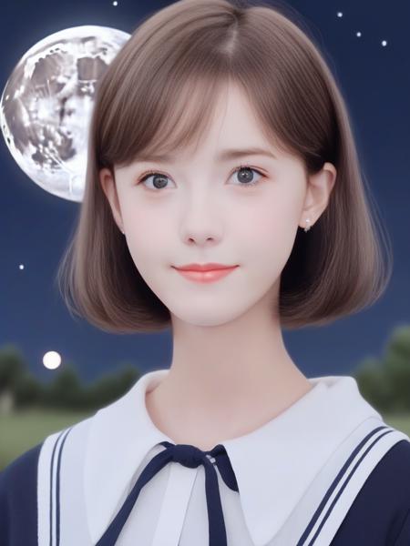 masterpiece, best quality, moon, sky, girl, short hair, light blush, green eyes, small breasts, Sailor dress, loose socks, mary_janes, <lora:sl_lye:1>