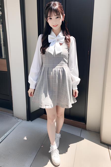 Amavelgerydress,1girl,full body, naughty face, 
Best quality, masterpiece, ultra high res, RAW photo,masterpiece, best quality, (photorealistic:1.4), delicate face, (narrow waist:1.2),
dress, long sleeves, bow, frills, (plaid dress:1.2), sleeves past wrists, white bowtie, standing, plaid,grey dress, white bow,black pantyhose, footwear, pearl  button
outdoors, walking, , 
,<lora:AmavelgerydressV1.0:0.8>  <lora:cuteGirlMix4_v10:0.2> <lora:koreanDollLikeness_v10:0.2> <lora:japaneseDollLikeness_v10:0.2>