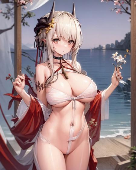 gloriousplum,1girl,solo,large breasts, outdoors,seaside,wide sleeves, , <lora:GloriousPlumV2:1>,standing,cowboy shot,no panties,  <lora:MudrockSummerV1-000008:0.7>,horns,long hair, white hair,