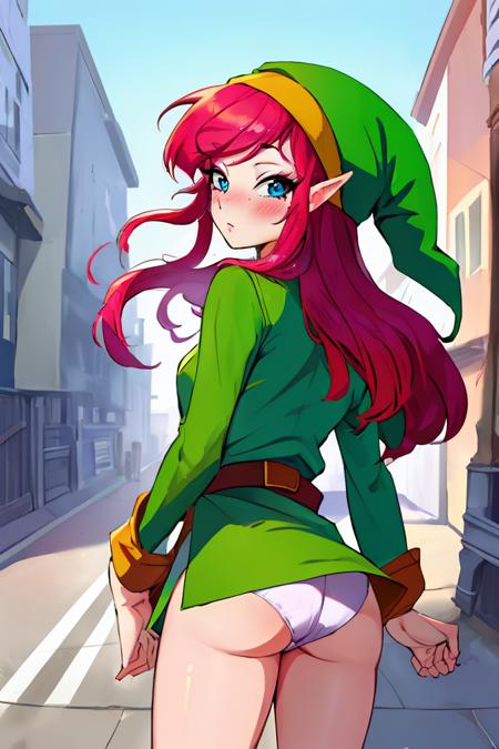 sidewalk, buildings, street, 1girl, (prettyeyes), solo, blush, looking at viewer, <lora:GoodHands-vanilla:1>, pink-link, red hair, blue eyes, green hat, green tunic, from behind, back view, looking back, yellow sleeves, long sleeves, belt, <lora:Pink-Link-iA3-captions-step00001500:0.85> wind lift, white panties,